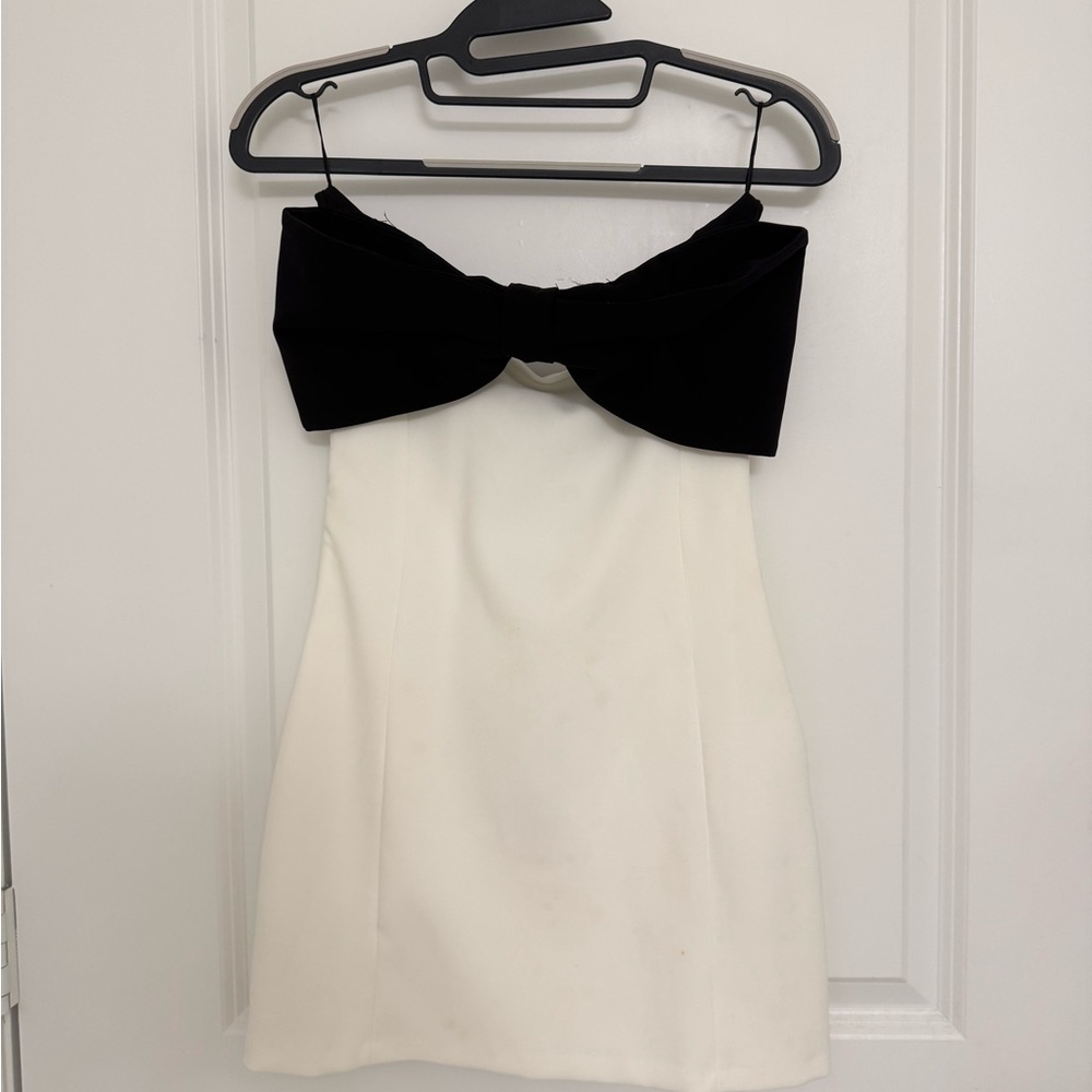 Zara Strapless Dress with Black Bow on White